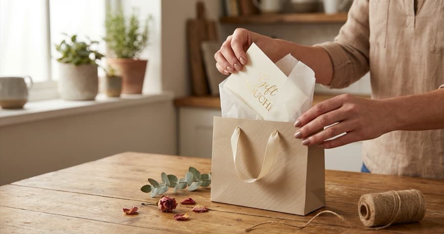 A person wrapping a beauty salon gift voucher in tissue paper and placing it in a gift bag