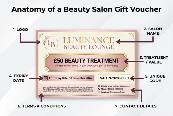 Anatomy of a beauty salon gift voucher template diagram showing labelled sections including logo, treatment value, expiry date and unique code