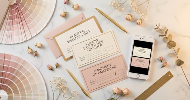 Flat lay of beautifully designed gift voucher templates for beauty salons with colour swatches and design tools