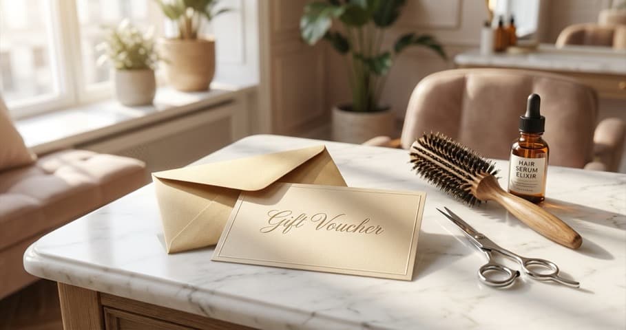 Gift voucher card displayed next to hair styling tools and products