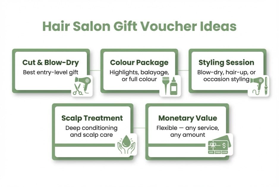 Diagram showing five hair salon gift voucher types: Cut and Blow-Dry, Colour Package, Styling Session, Scalp Treatment, and Monetary Value