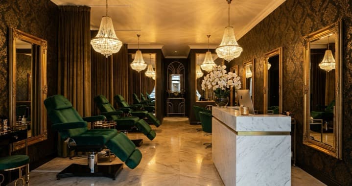 Glamorous luxury beauty salon with emerald velvet chairs, white marble reception desk with gold trim, and crystal chandelier lighting