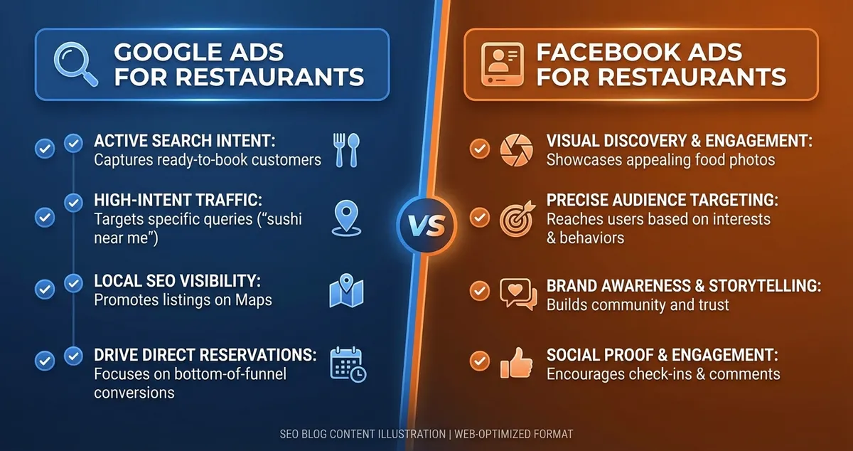 Comparison diagram showing Google Ads intent-based targeting vs Facebook awareness building