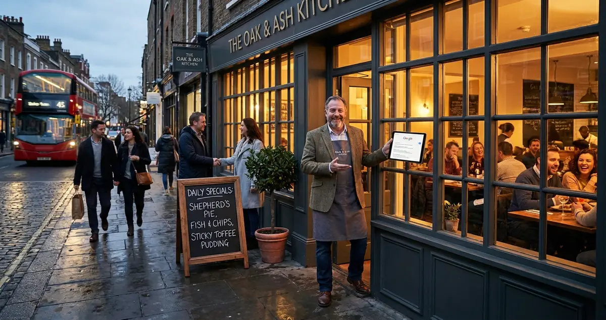 Restaurant owner checking Google reviews on smartphone while standing in their establishment