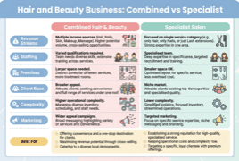 Infographic comparing combined hair and beauty business model with specialist salon model