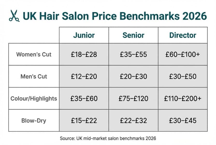 UK Hair Salon Price Benchmarks 2026 showing pricing tiers by service type and stylist experience level