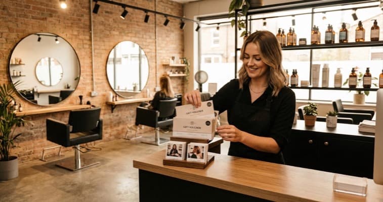 Hairdresser creating a promotional display at the salon reception