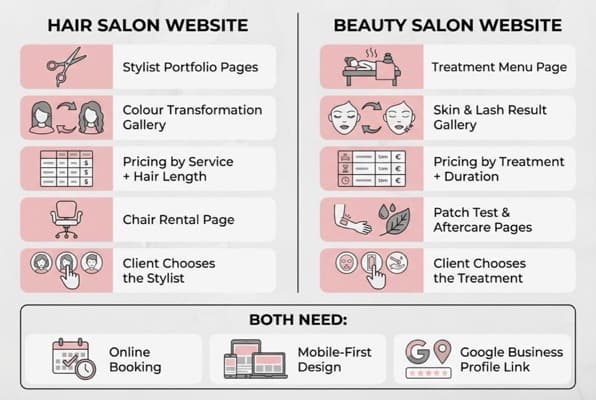 Diagram comparing hair salon website structure with beauty salon website structure showing key page differences