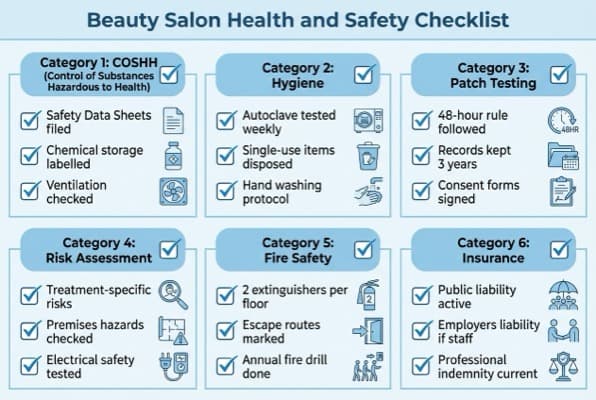 Infographic showing a beauty salon health and safety compliance checklist with six categories: COSHH, hygiene, patch testing, risk assessment, fire safety, and insurance