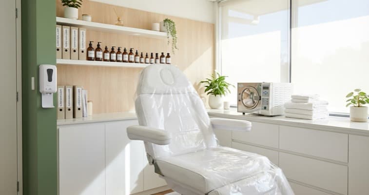 A well-organised beauty salon treatment room with labelled product storage, sterilisation equipment, clean towels and hand sanitiser station demonstrating health and safety compliance