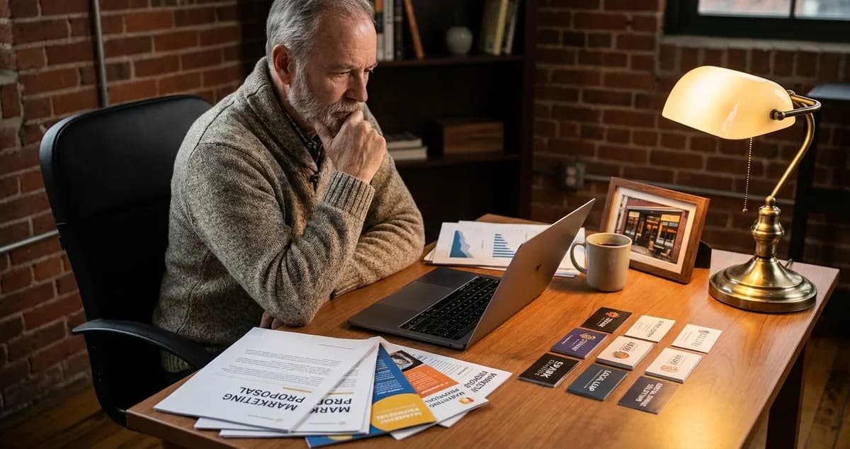 UK restaurant owner reviewing marketing agency proposals at a desk with printed reports and a laptop