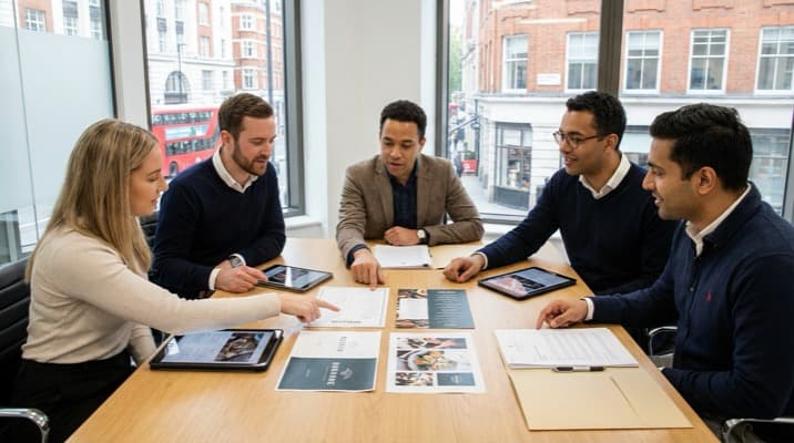 Hospitality PR agency team planning journalist outreach for UK hotel and restaurant group