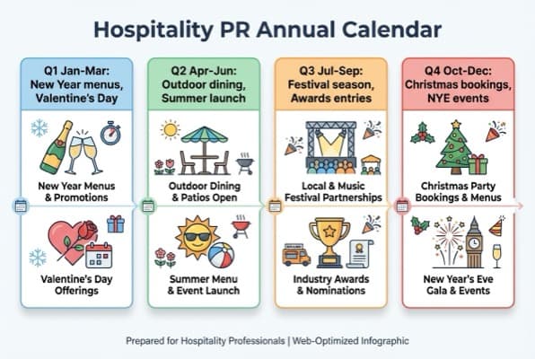 Hospitality PR seasonal calendar with pitch deadlines and key media targets across all four quarters for UK businesses