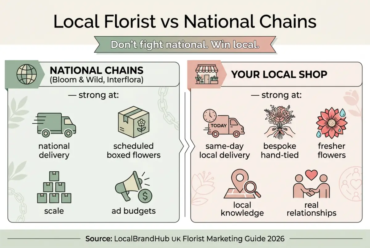 How florists compete with the chains diagram — comparing the national chains' strengths against an independent florist's local advantages