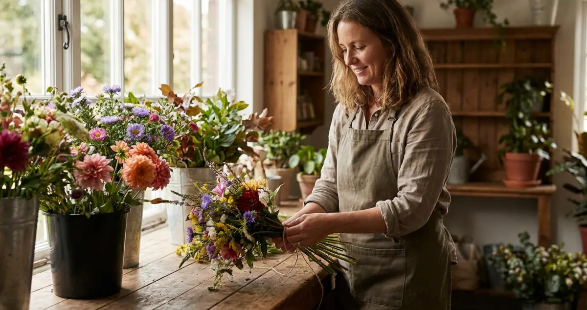 How florists compete with the chains — an independent florist hand-tying a fresh local bouquet, the kind of bespoke work the chains can't match