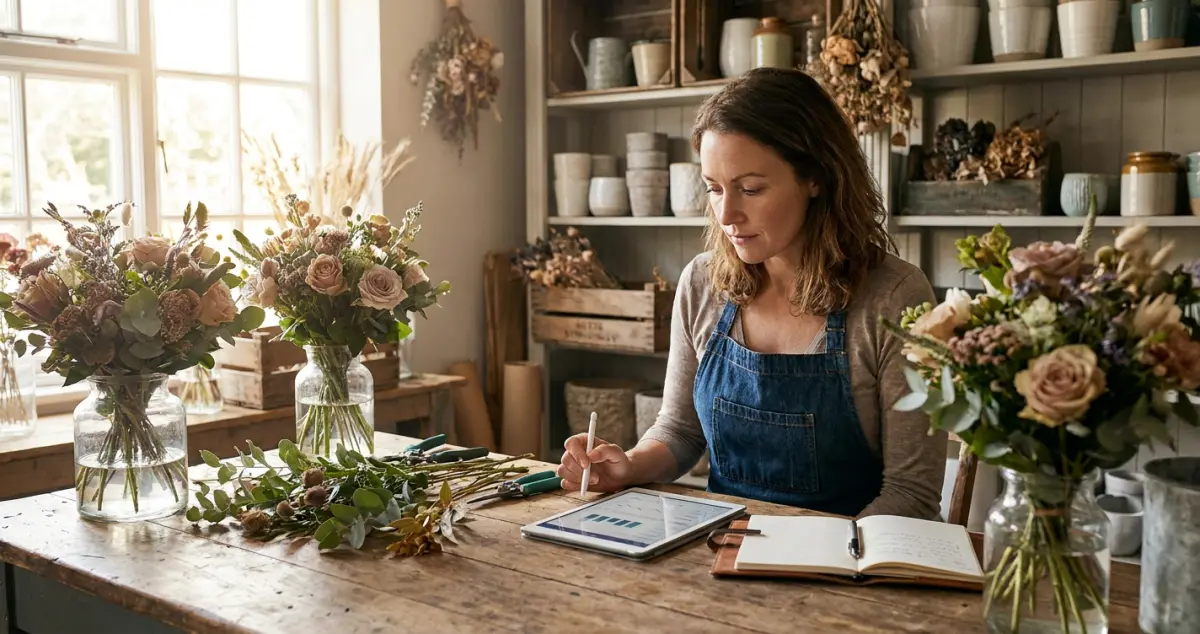 How much do florists make: a florist reviewing takings and orders on a tablet at the shop bench beside fresh bouquets