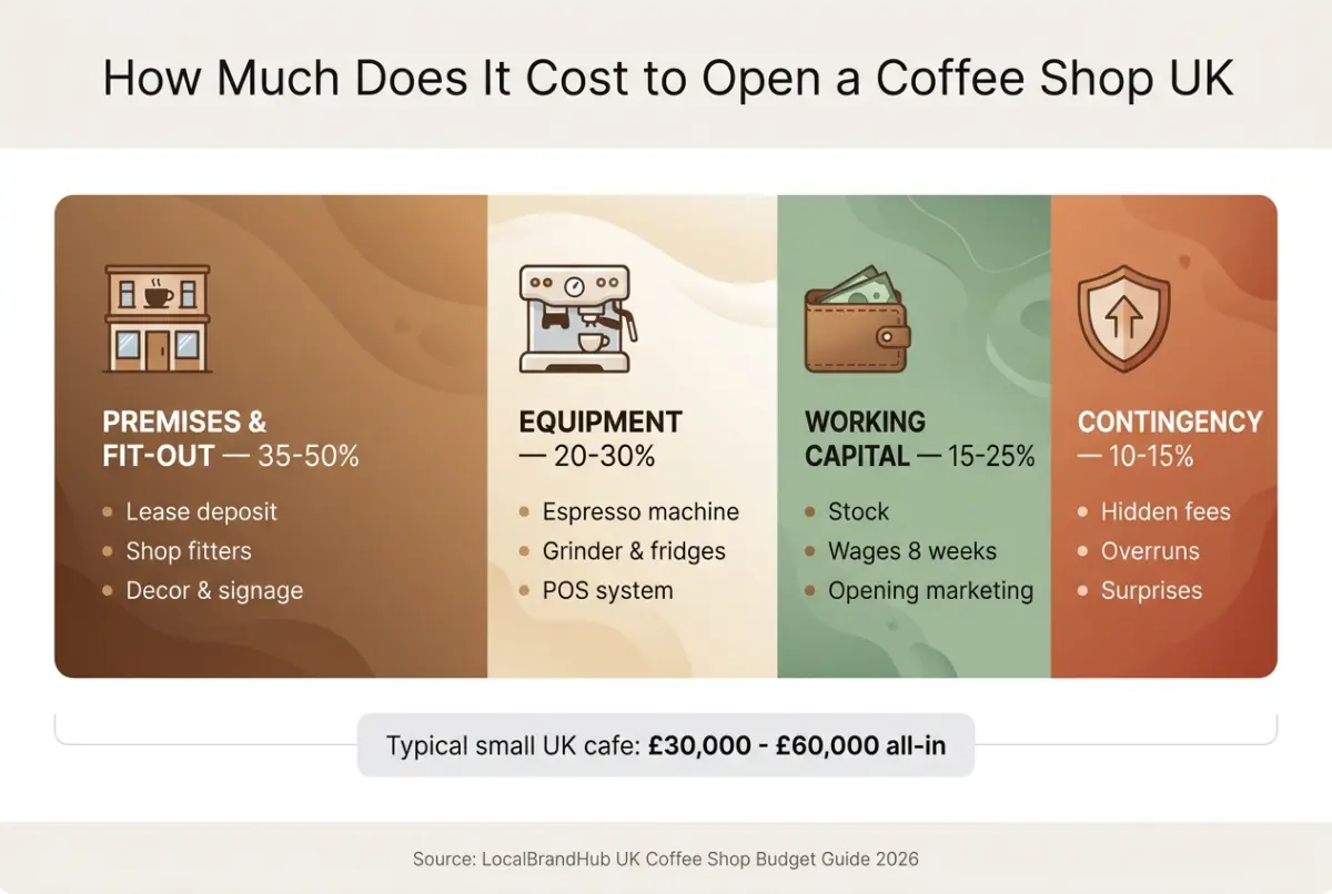 How much does it cost to open a coffee shop UK — budget breakdown diagram showing the four cost categories: premises, equipment, working capital, and contingency
