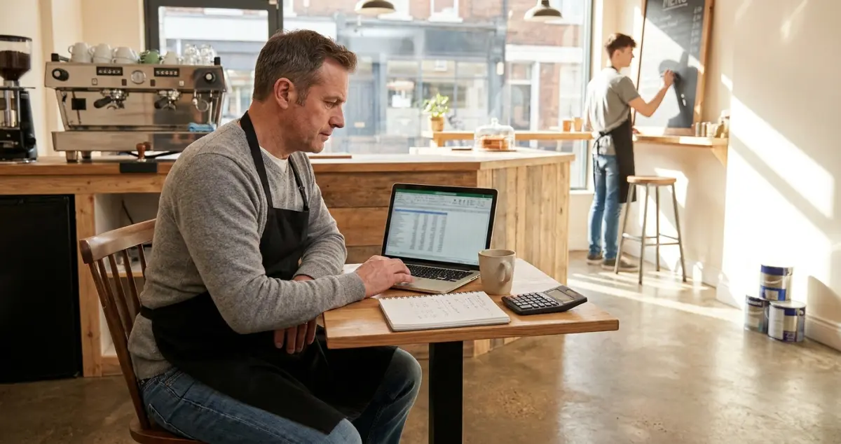 How much does it cost to open a coffee shop — UK cafe owner reviewing a startup budget spreadsheet on a laptop next to an espresso machine