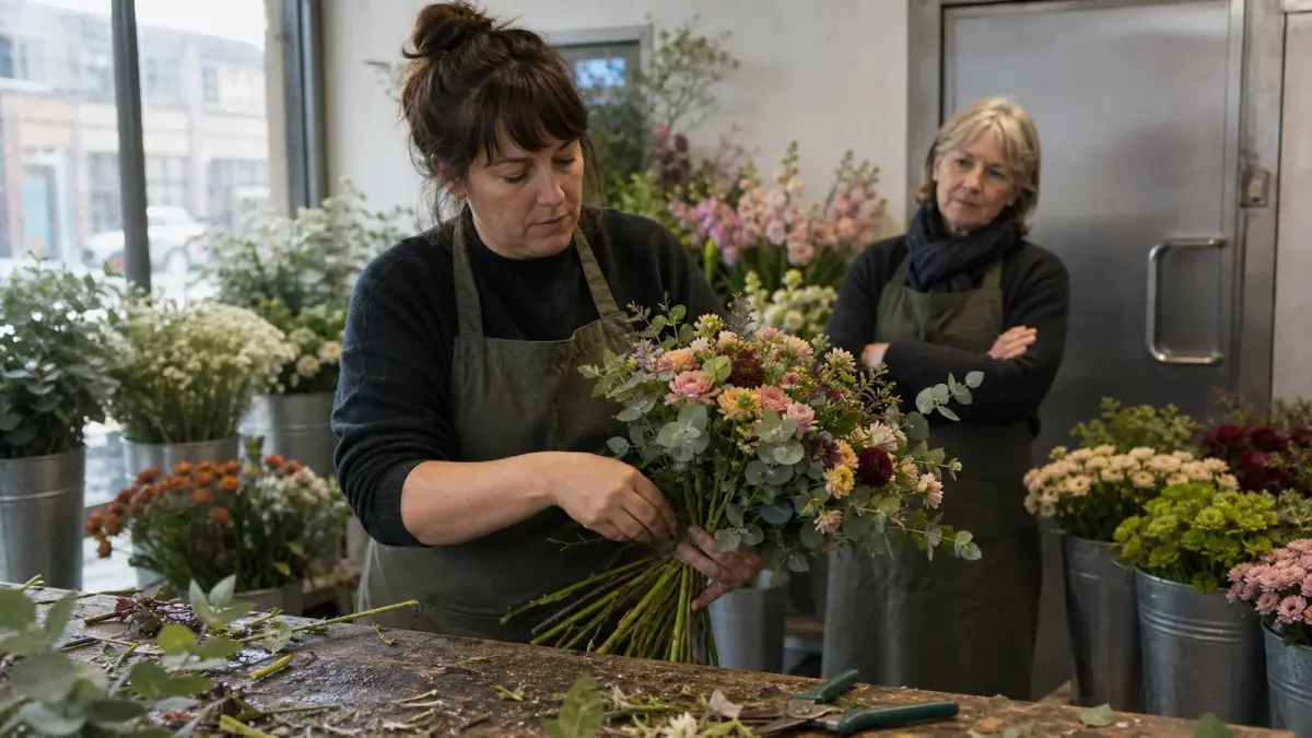 How to become a florist: a learner builds a hand tied bouquet at a workbench in a British high street shop while an experienced florist watches from a step behind