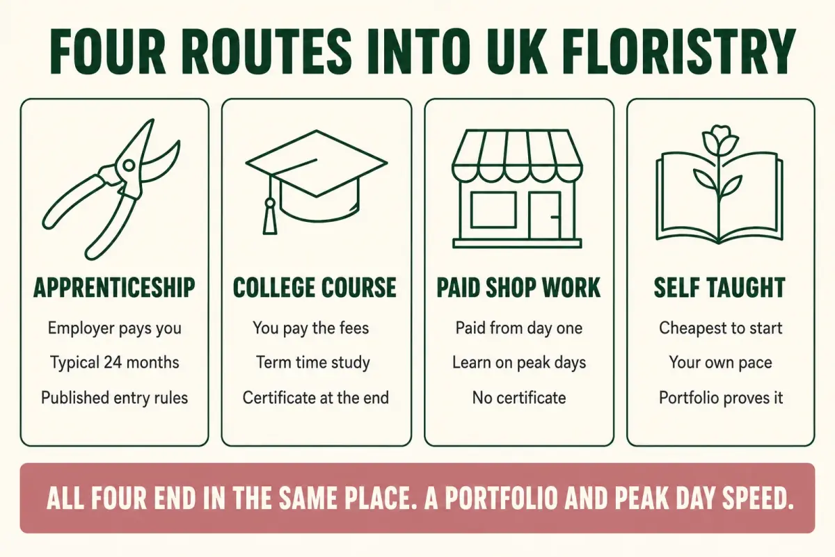 How to become a florist diagram comparing four routes into UK floristry, apprenticeship, college course, paid shop work and self taught, with what each costs and what proves your skill