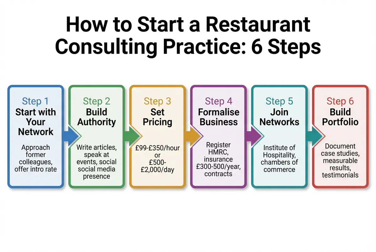 Diagram of the six steps to building a restaurant consulting practice