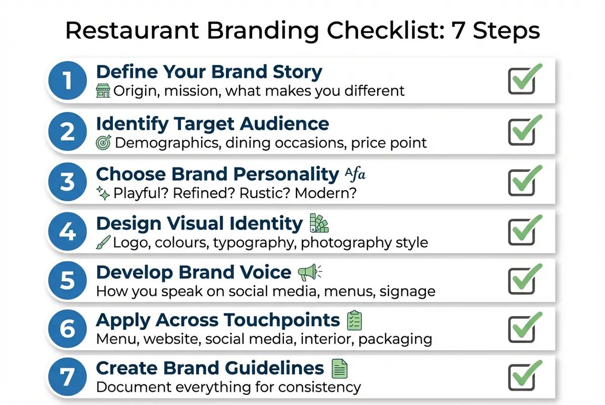 Diagram showing the key elements of restaurant visual identity including logo, colour palette, typography, and how they connect across touchpoints