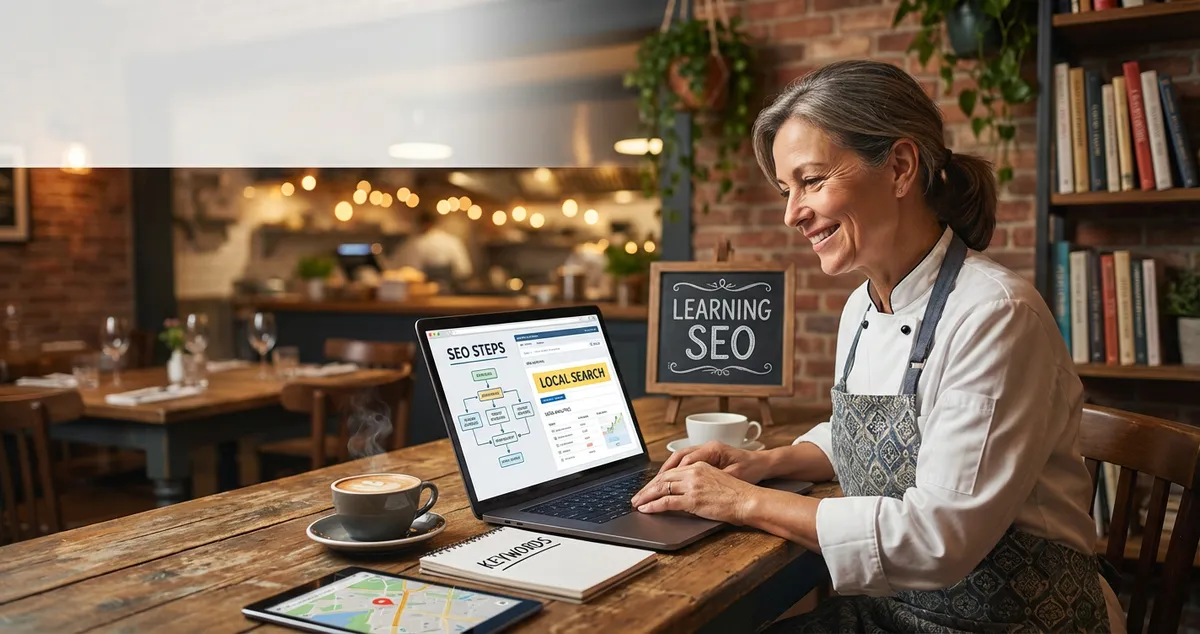 Restaurant owner learning how to do SEO for restaurant on laptop