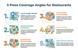 Restaurant press coverage tactics showing local stories, expert commentary, press tastings, and pitch timing strategies for UK restaurants