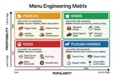 Menu engineering matrix showing four quadrants Stars, Puzzles, Plough Horses, Dogs with actions for each