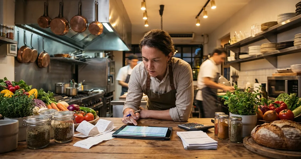 Restaurant owner learning how to price a restaurant menu using tablet to calculate food costs