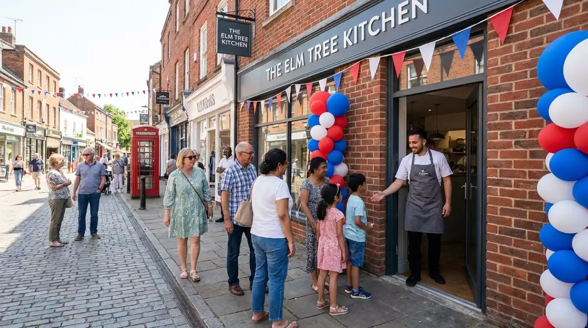 Restaurant grand opening event with guests arriving and bunting decorations