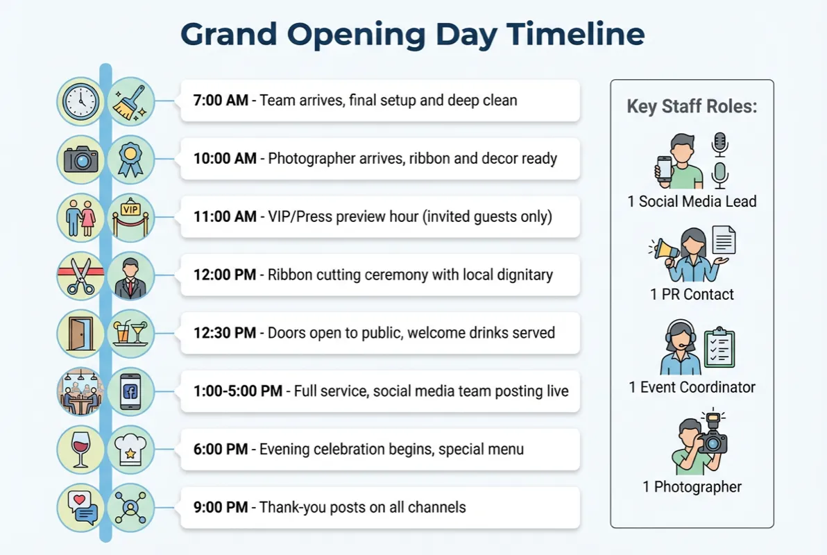 How to promote a grand opening timeline showing morning prep, VIP hour, ribbon cutting, public opening, and evening celebration