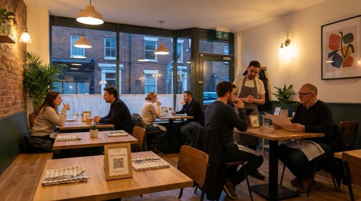 Newly opened restaurant with warm interior lighting and early customers at tables