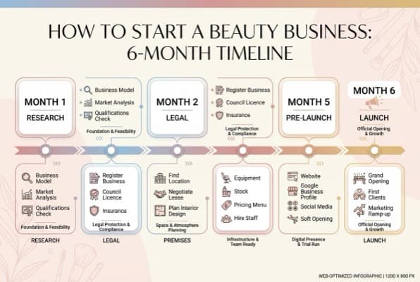 Infographic showing a 6-month timeline for starting a beauty business with monthly milestones