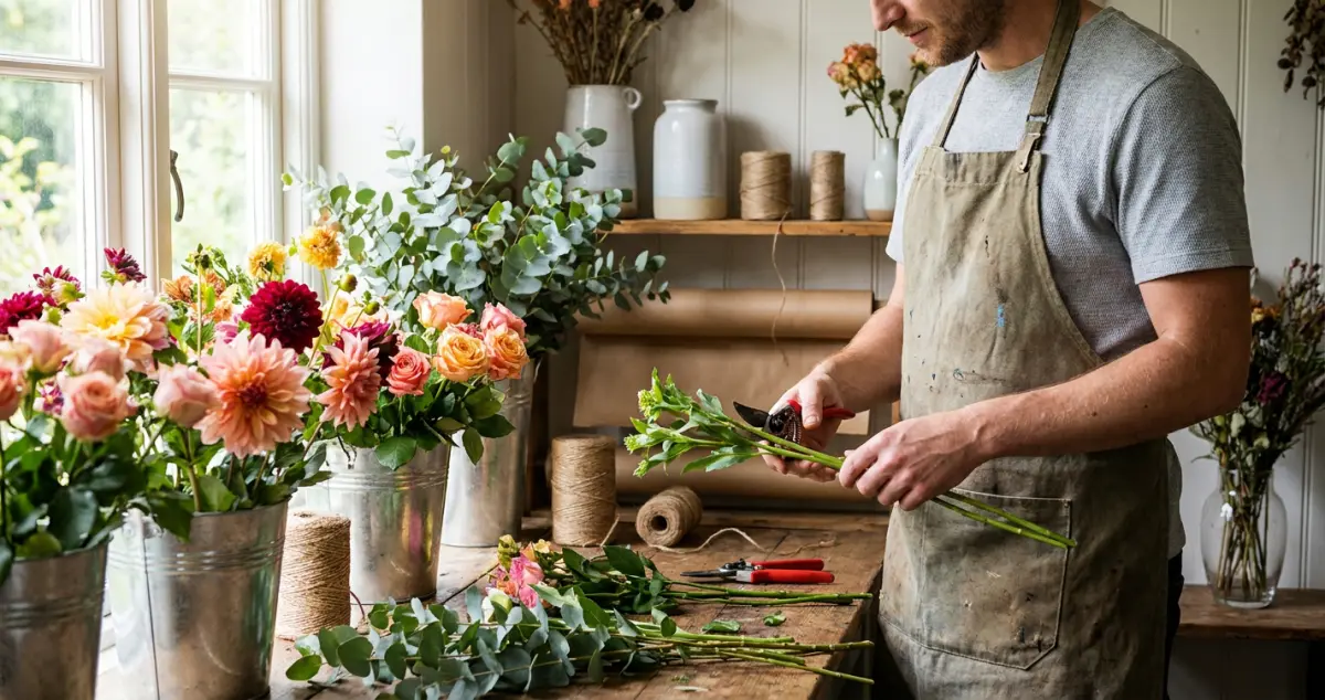 How to start a florist business: a new florist conditioning stems at the bench in their first flower studio, buckets of fresh blooms around them