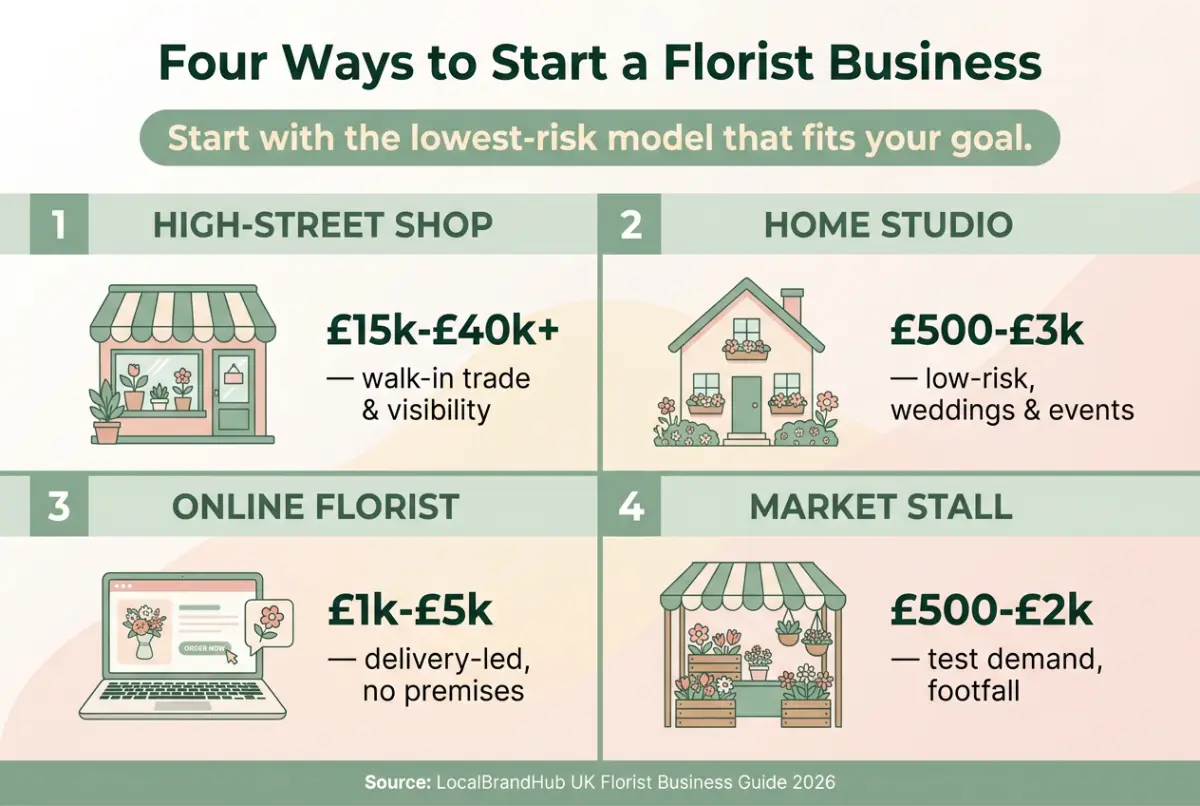 How to start a florist business diagram: the four models from high-street shop and home studio to online florist and market stall, with their costs and trade-offs