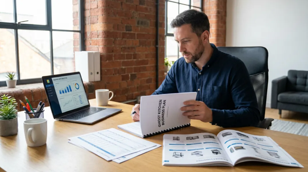 Chef preparing food in a UK ghost kitchen with delivery packaging and digital order screens