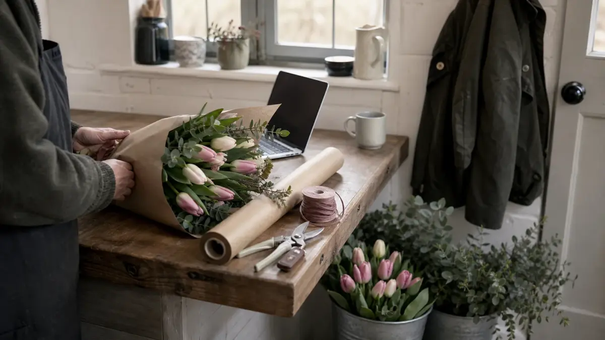 The start of an online florist business at a home studio bench: wrapping a hand tied bouquet with orders open on a laptop