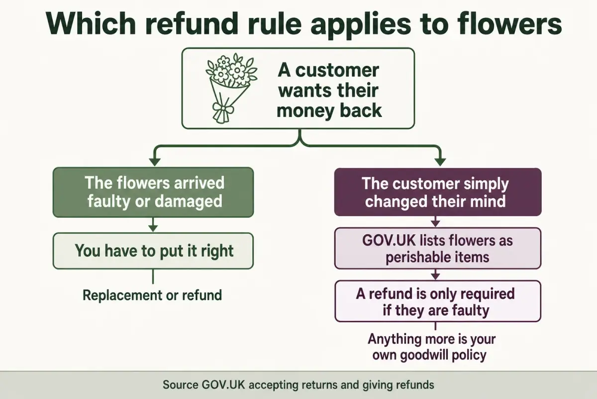 Decision diagram showing the faulty flowers route and the changed mind route for an online florist refund