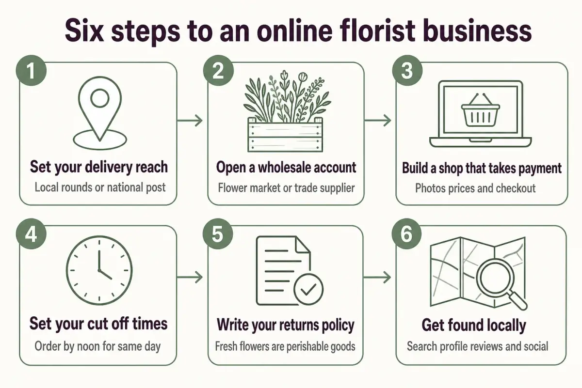 Diagram of the six setup steps for an online florist business from delivery reach through to being found locally