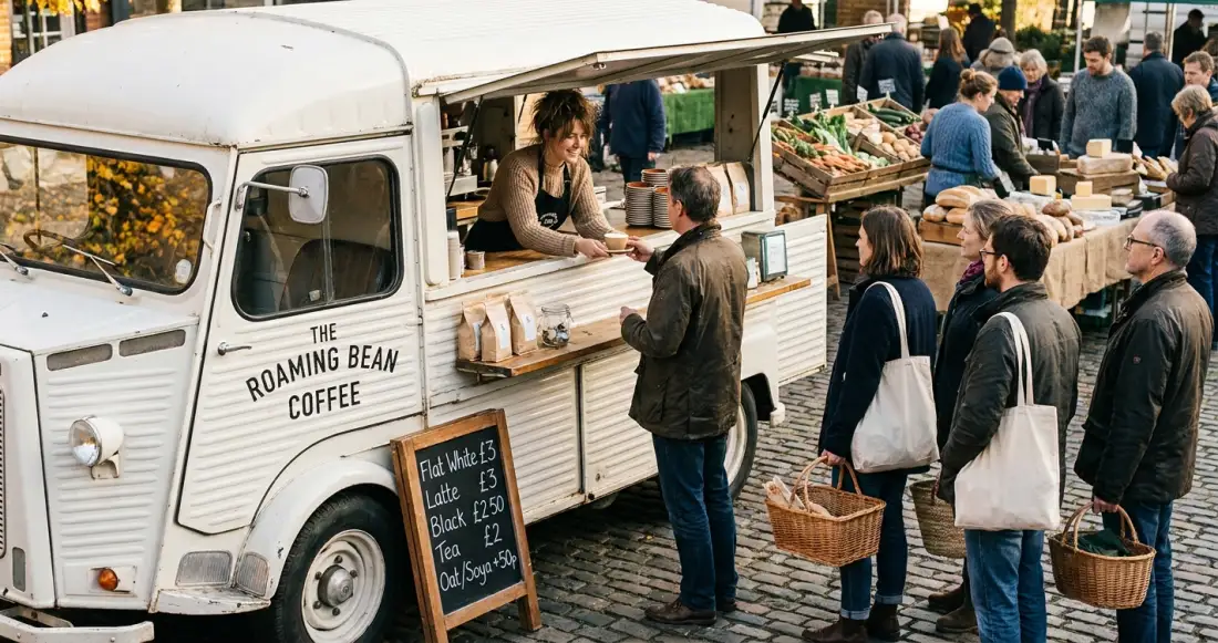 How to start coffee business — UK mobile coffee van at a weekend market with customers and chalkboard menu