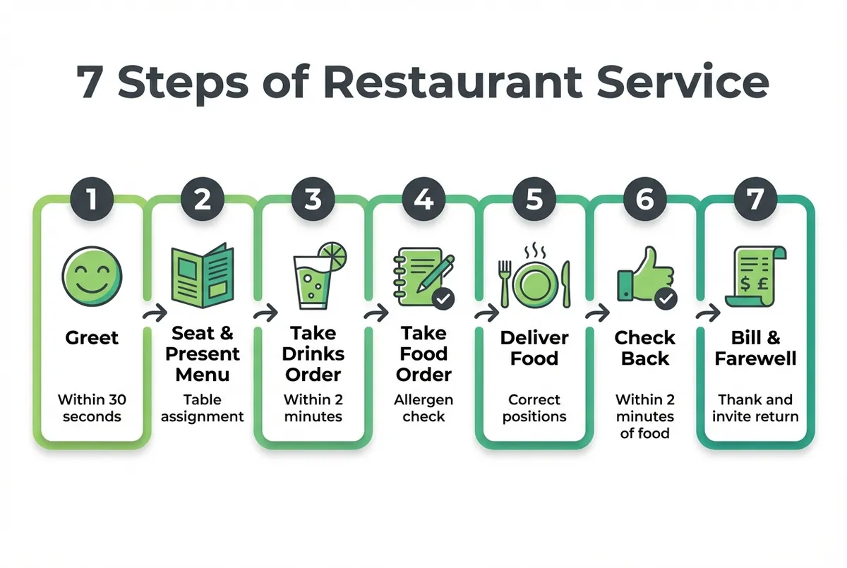 Diagram showing the 7 steps of restaurant service from greeting to farewell with timing benchmarks