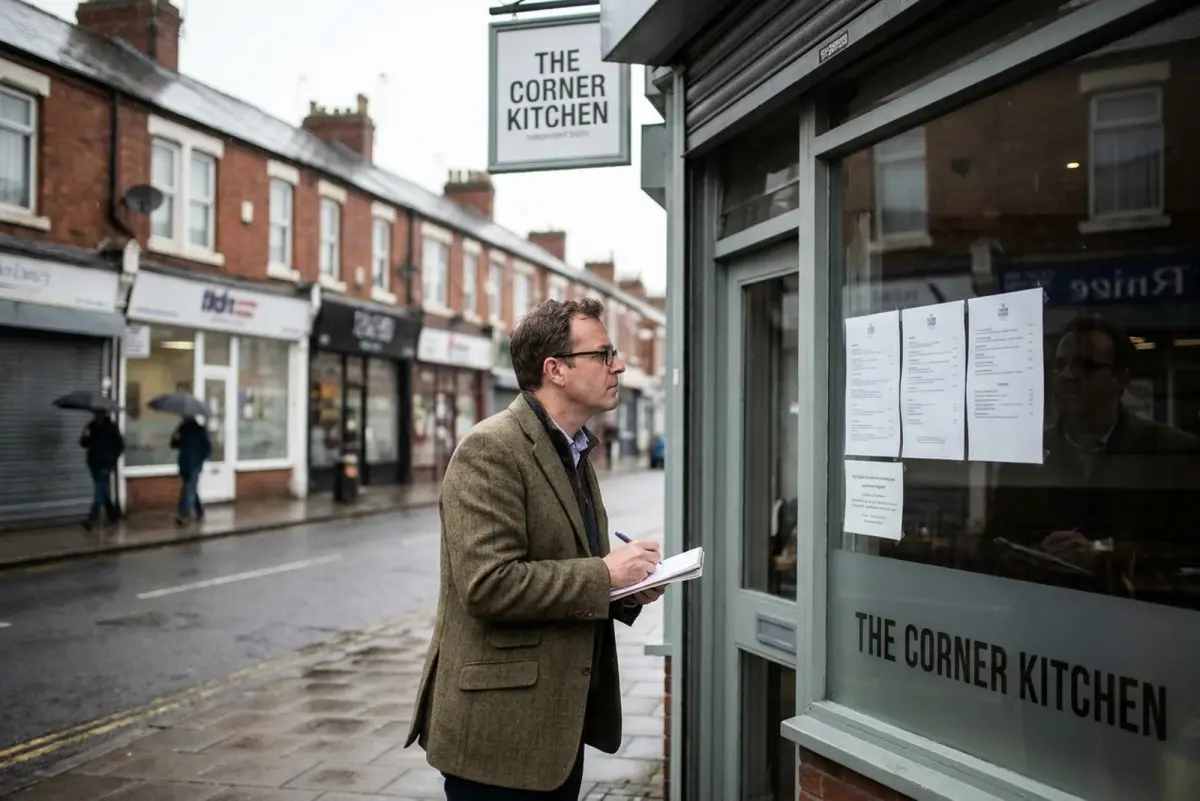 Restaurant founder reading a competitor menu in a shop window while researching the local market