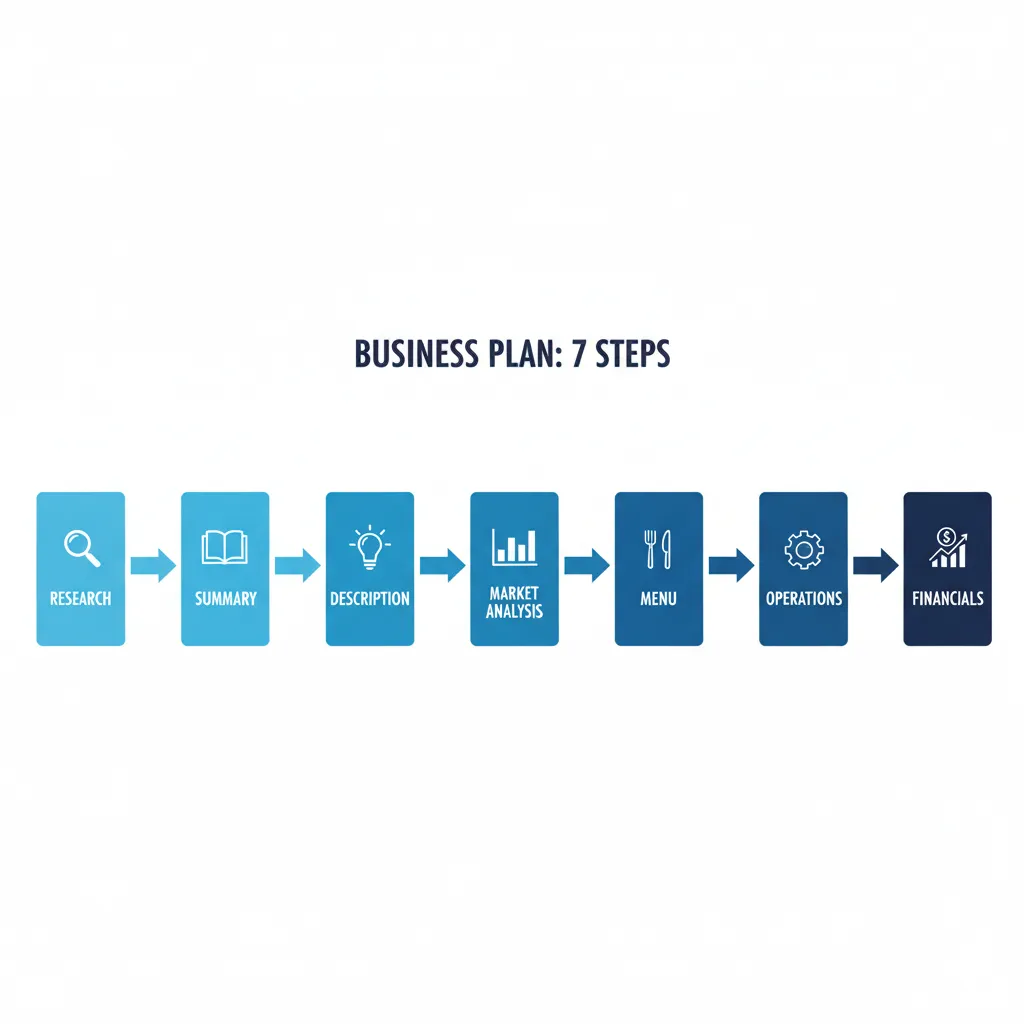 Diagram showing the 7 steps to writing a restaurant business plan