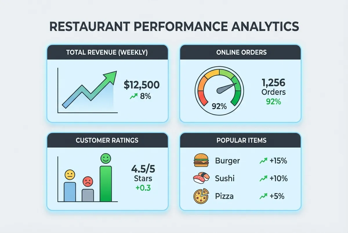 Dashboard showing key restaurant performance metrics with target ranges highlighted
