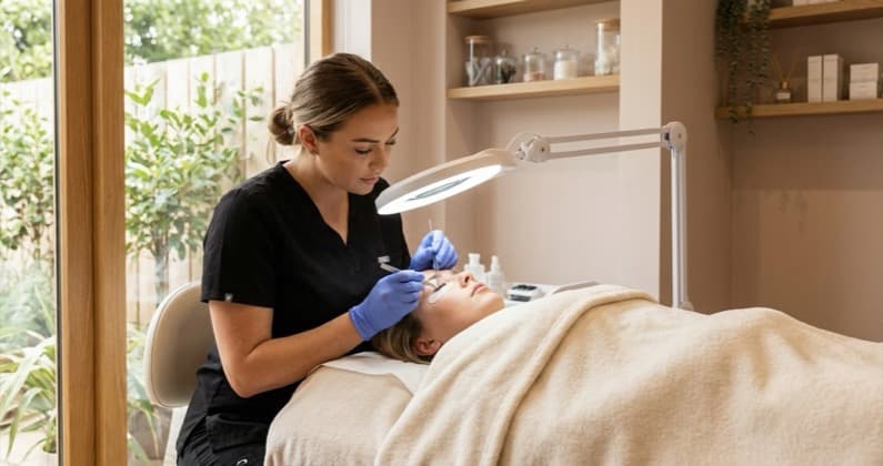 Lash business technician applying extensions to a client in a UK beauty studio