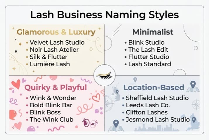 Lash business naming categories diagram showing four quadrants — Glamorous, Minimalist, Playful, and Location-Based — with example names in each