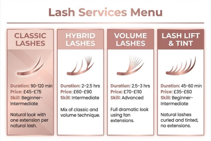 Lash business services menu showing Classic, Hybrid, Volume and Lash Lift with pricing and skill level