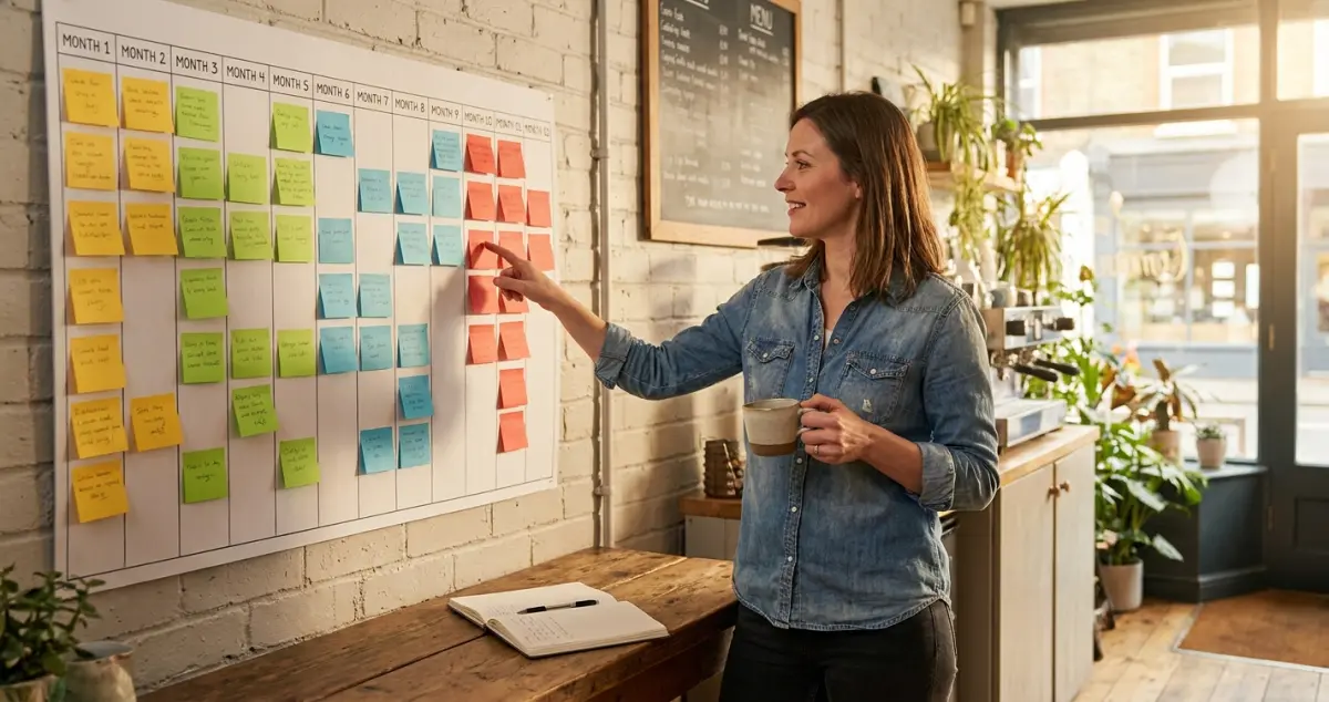 Launch a coffee shop — UK cafe owner reviewing a 12-month plan on a wall planner with sticky notes and a coffee in hand