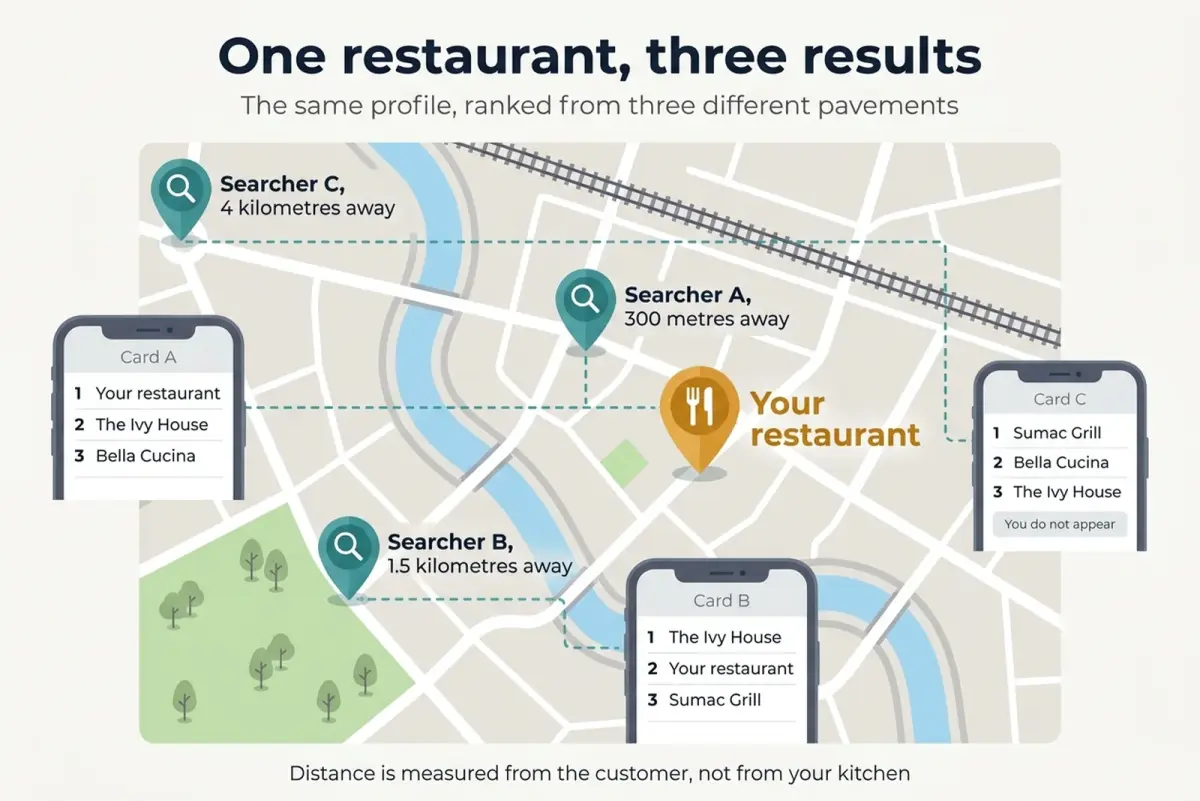 Diagram showing how distance changes local results for one restaurant across three searchers on a town map